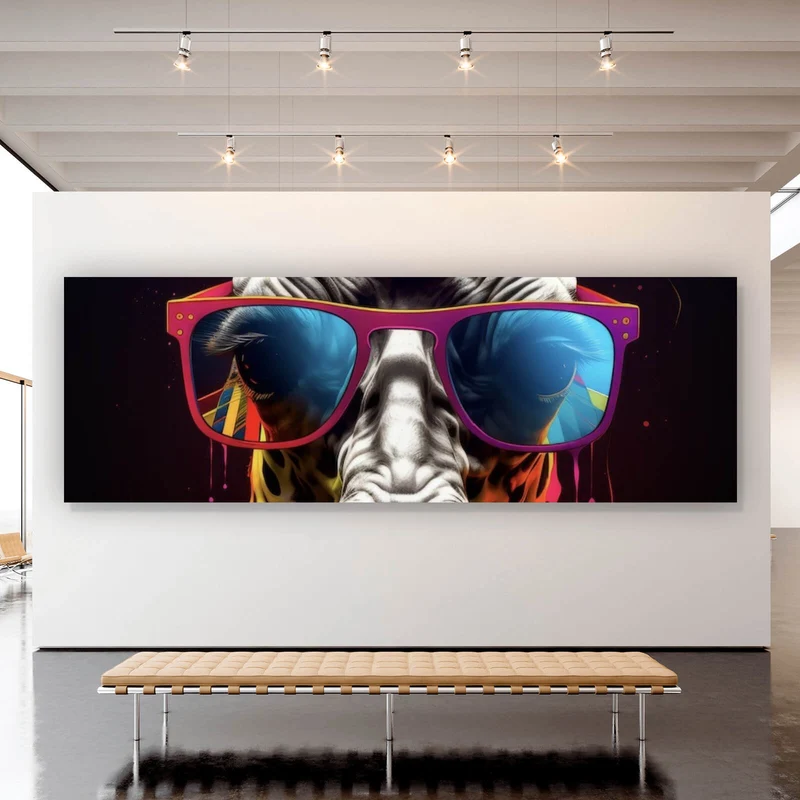 Poster Farbenfrohe Giraffe mit Sonnenbrille Panorama