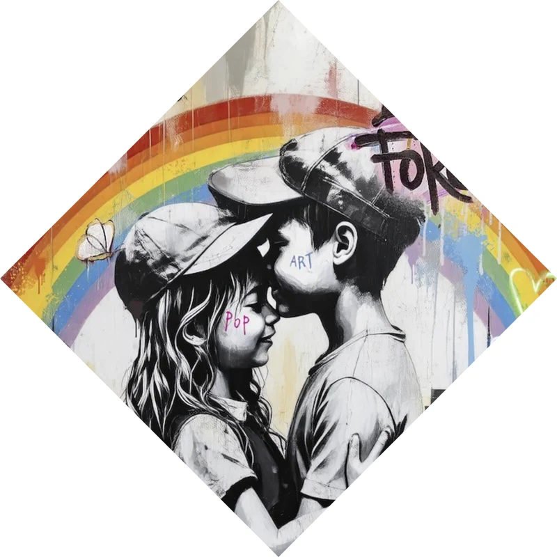 Aluminiumbild gebürstet Kinder umarmen sich vor buntem Regenbogen Raute