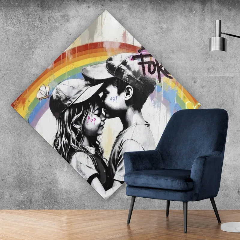 Poster Kinder umarmen sich vor buntem Regenbogen Raute