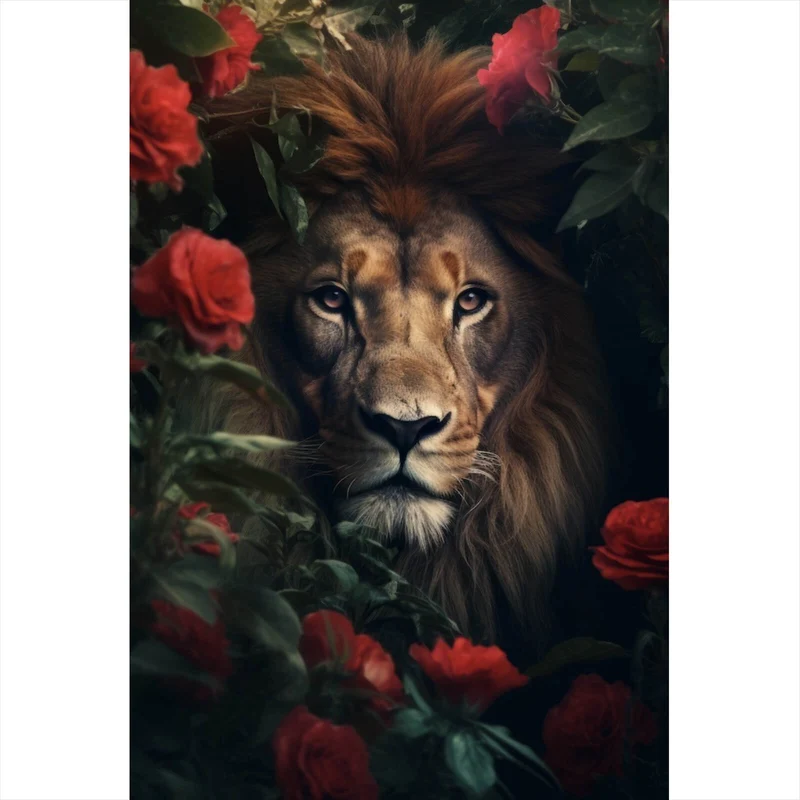 Poster Majestätischer Löwe zwischen roten Rosen versteckt Hochformat