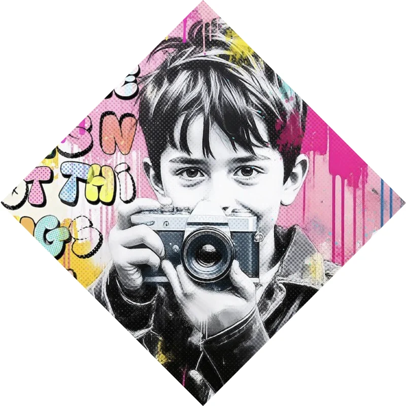 Aluminiumbild gebürstet Junge mit Kamera und bunte Graffiti Wand Raute