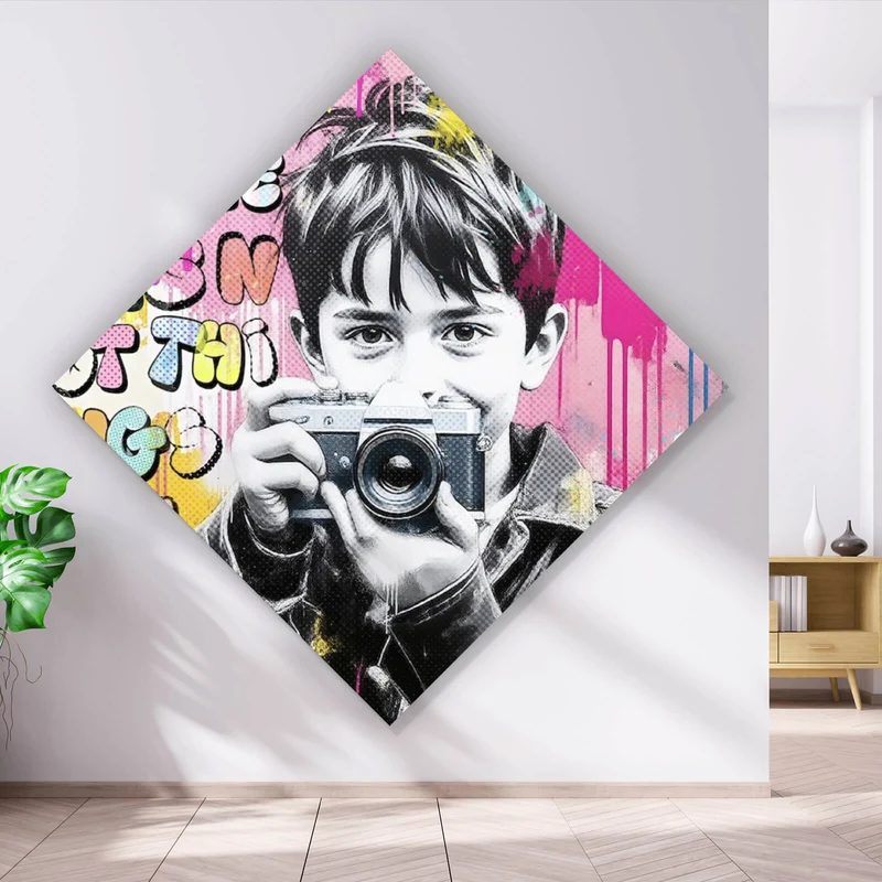 Poster Junge mit Kamera und bunte Graffiti Wand Raute