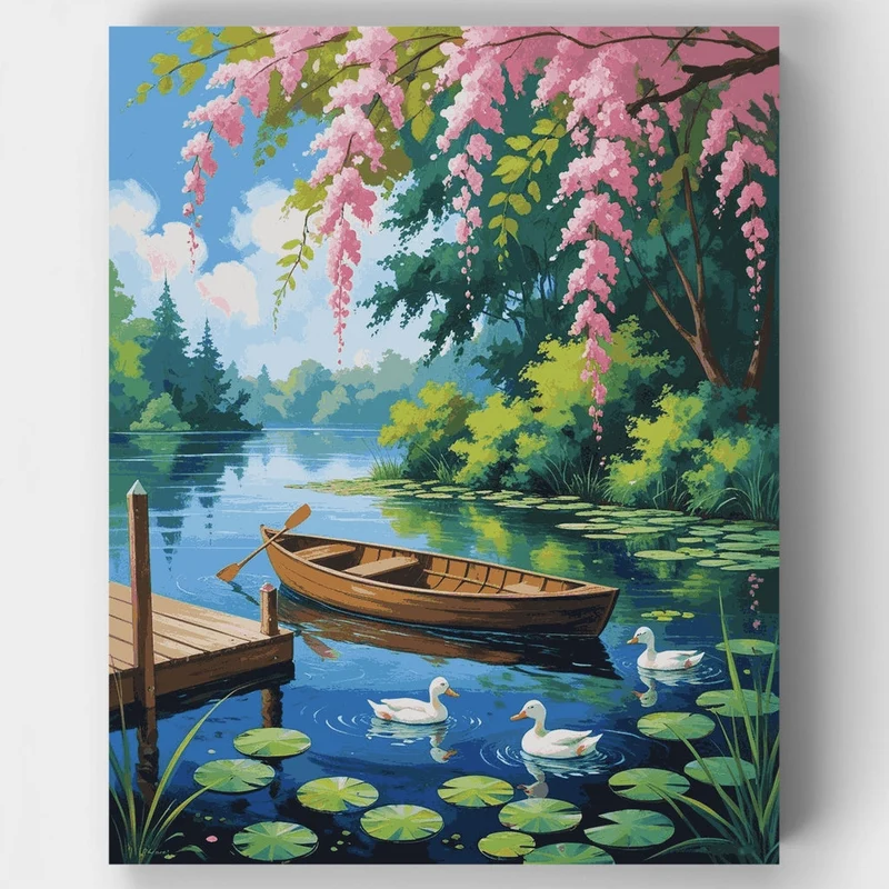Tranquil Lake with Cherry Blossoms - Paint by Numbers Kit