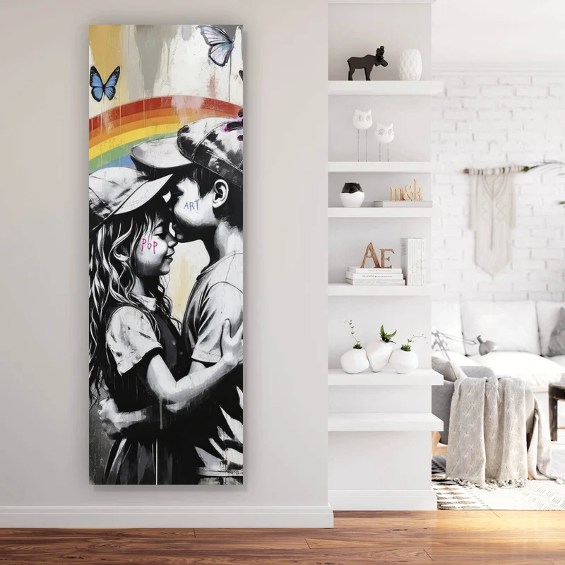 Acrylglasbild Kinder umarmen sich vor buntem Regenbogen Panorama Hoch