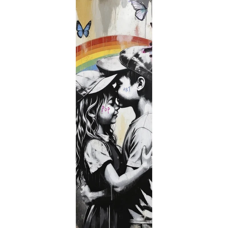 Acrylglasbild Kinder umarmen sich vor buntem Regenbogen Panorama Hoch