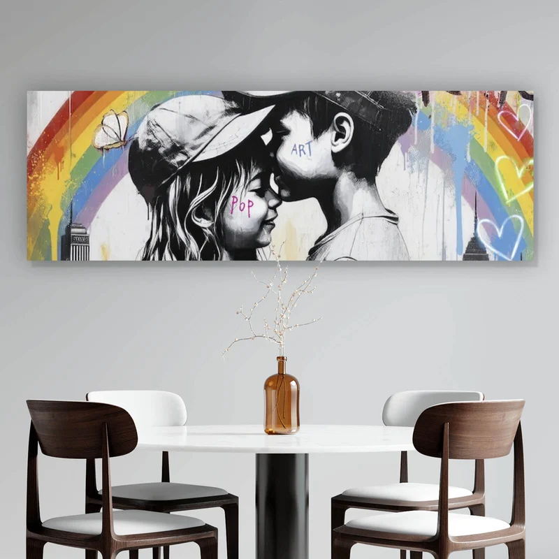 Acrylglasbild Kinder umarmen sich vor buntem Regenbogen Panorama