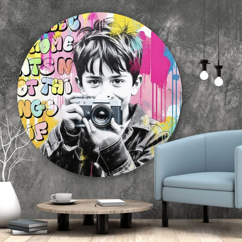 Aluminiumbild Junge mit Kamera und bunte Graffiti Wand Kreis