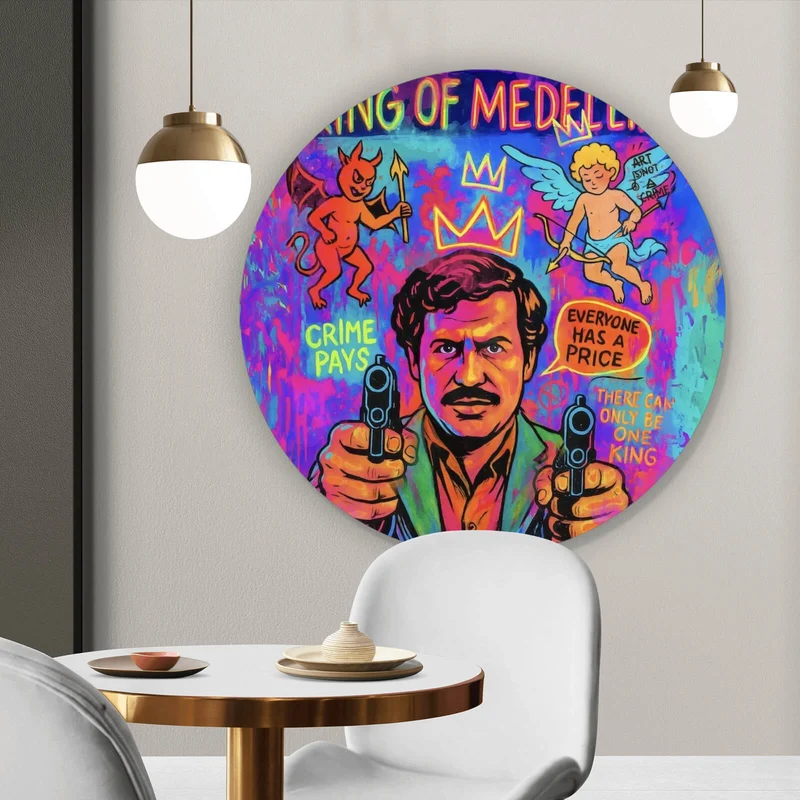 Aluminiumbild gebürstet Buntes Pop Art Wandbild mit ikonischer Figur Kreis