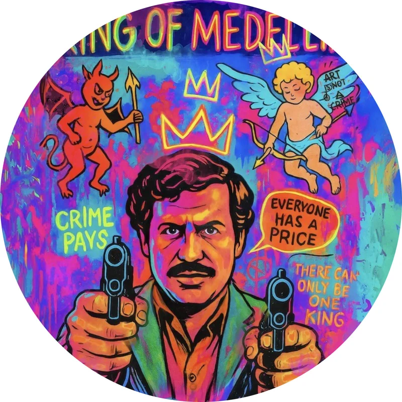 Aluminiumbild gebürstet Buntes Pop Art Wandbild mit ikonischer Figur Kreis