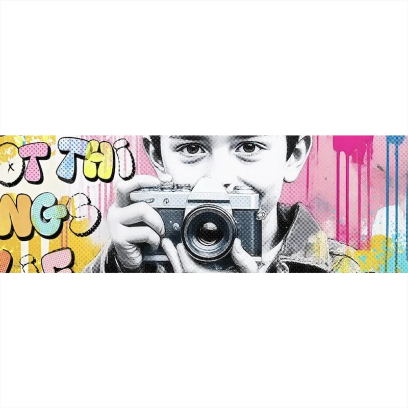 Poster Junge mit Kamera und bunte Graffiti Wand Panorama