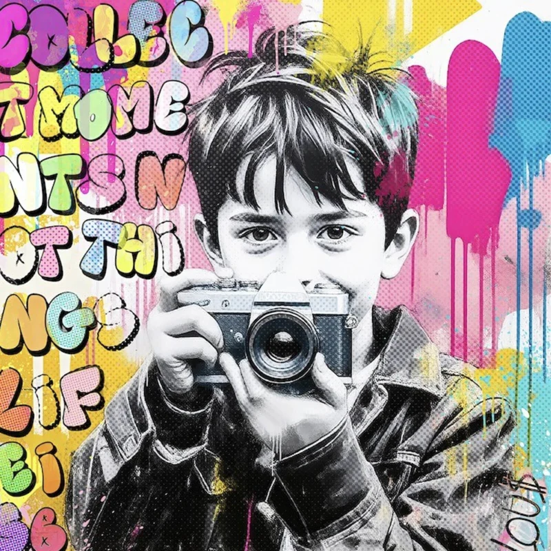 Aluminiumbild Junge mit Kamera und bunte Graffiti Wand Quadrat