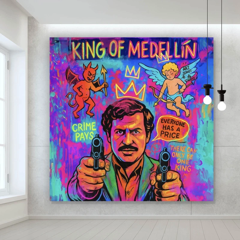 Aluminiumbild Buntes Pop Art Wandbild mit ikonischer Figur Quadrat