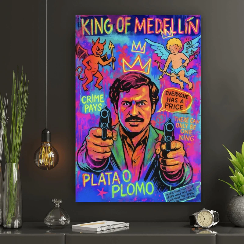 Spannrahmenbild Buntes Pop Art Wandbild mit ikonischer Figur Hochformat