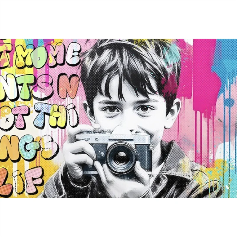 Aluminiumbild Junge mit Kamera und bunte Graffiti Wand Querformat