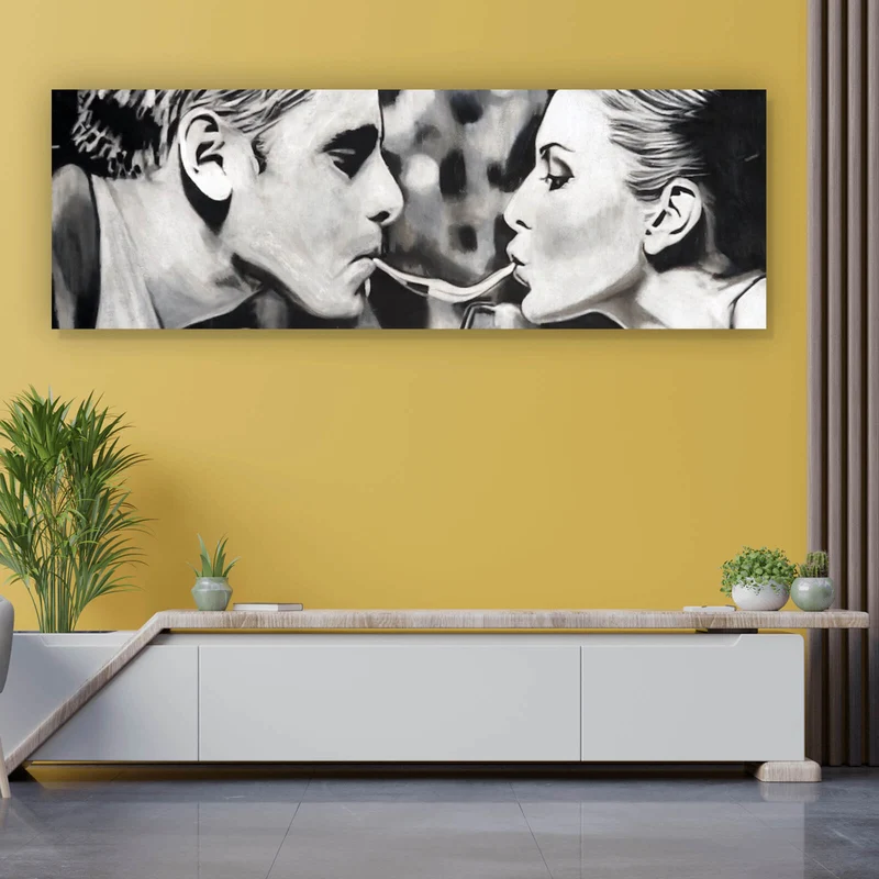 Acrylglasbild Romantisches Abendessen Paar teilt Spaghetti Panorama