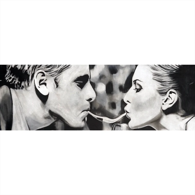 Aluminiumbild Romantisches Abendessen Paar teilt Spaghetti Panorama
