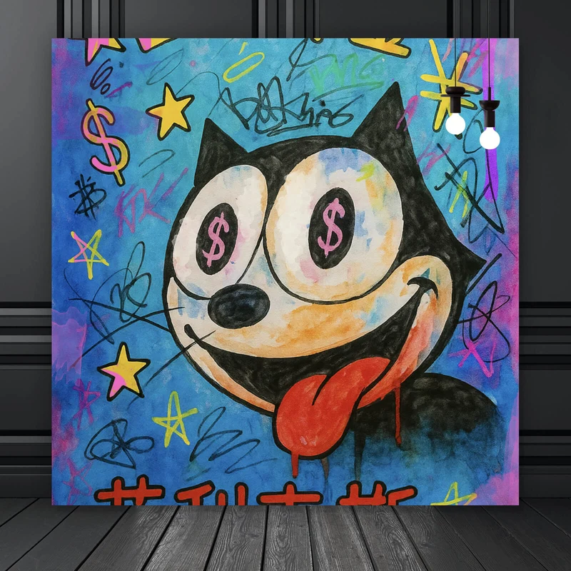 Poster Cartoon Katze mit Dollarzeichen und buntem Hintergrund Quadrat
