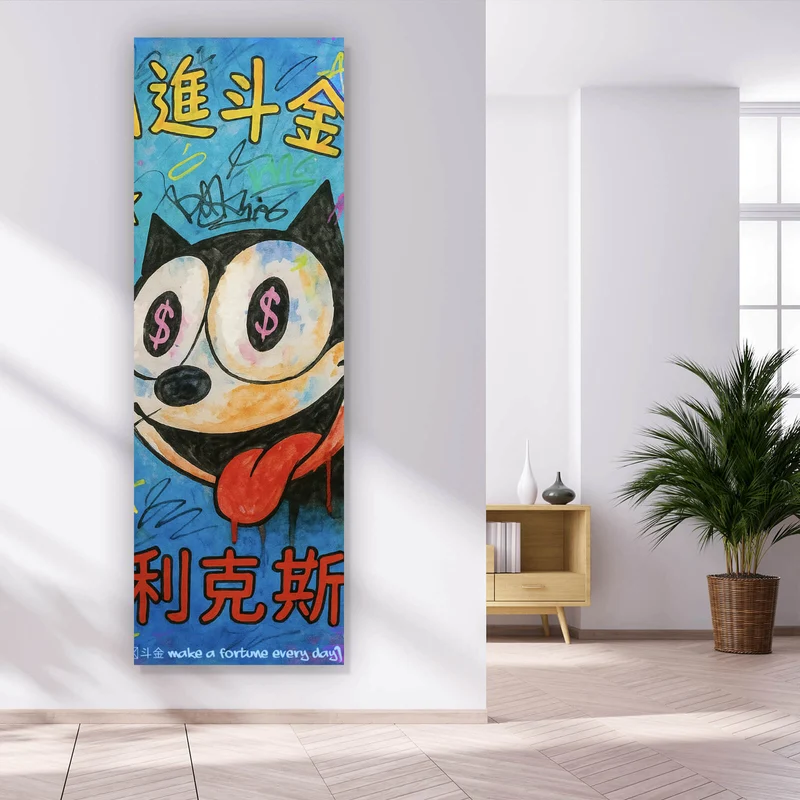 Aluminiumbild gebürstet Cartoon Katze mit Dollarzeichen und buntem Hintergrund Panorama Hoch