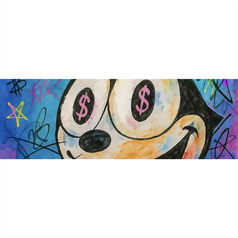 Aluminiumbild gebürstet Cartoon Katze mit Dollarzeichen und buntem Hintergrund Panorama