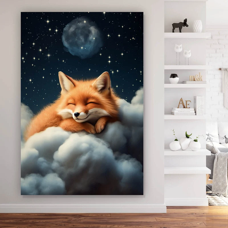 Leinwandbild Schlafender Fuchs auf Wolken unter funkelndem Sternenhimmel Hochformat