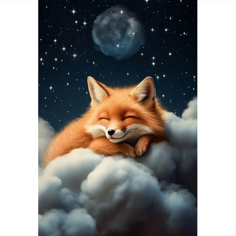 Leinwandbild Schlafender Fuchs auf Wolken unter funkelndem Sternenhimmel Hochformat