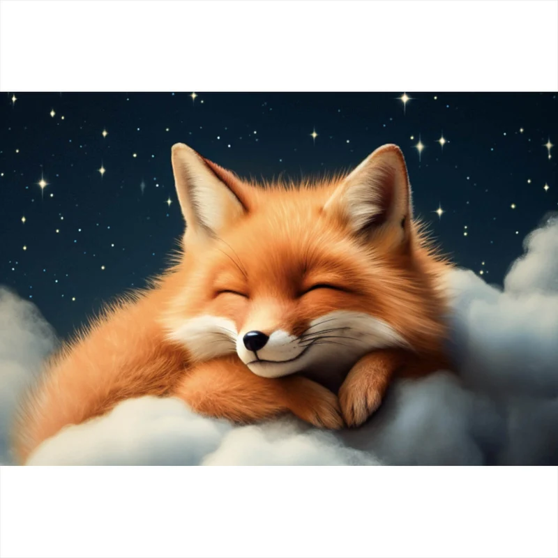 Acrylglasbild Schlafender Fuchs auf Wolken unter funkelndem Sternenhimmel Querformat