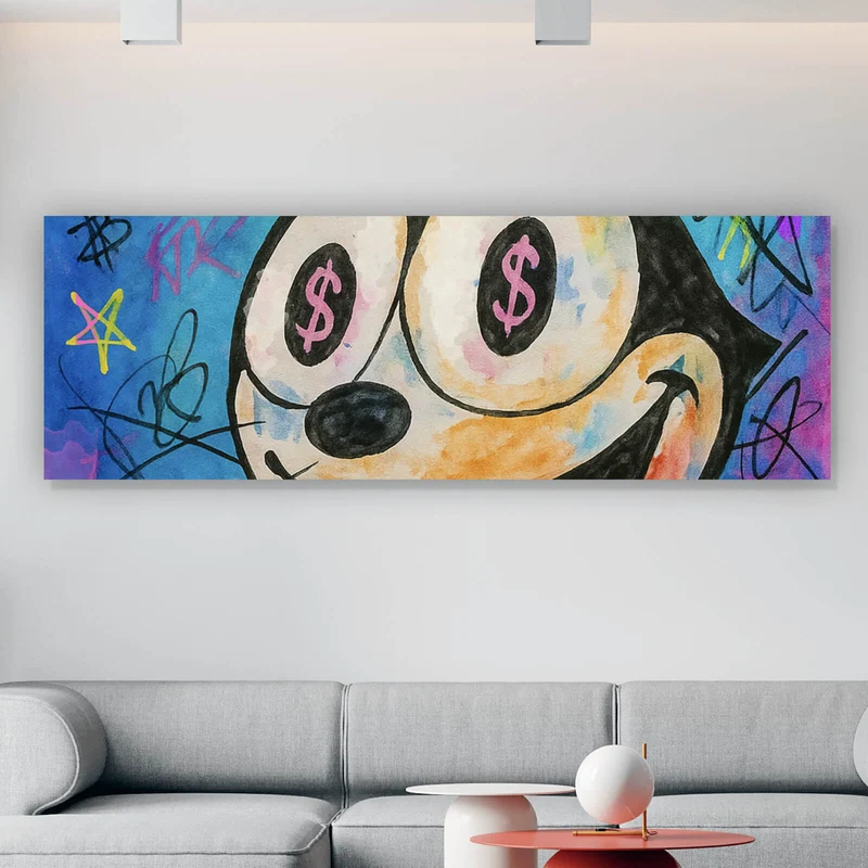 Leinwandbild Cartoon Katze mit Dollarzeichen und buntem Hintergrund Panorama