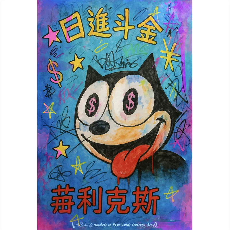 Acrylglasbild Cartoon Katze mit Dollarzeichen und buntem Hintergrund Hochformat