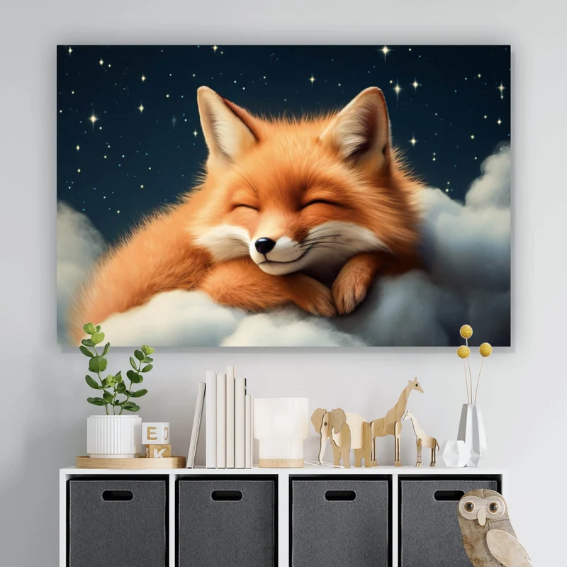 Poster Schlafender Fuchs auf Wolken unter funkelndem Sternenhimmel Querformat