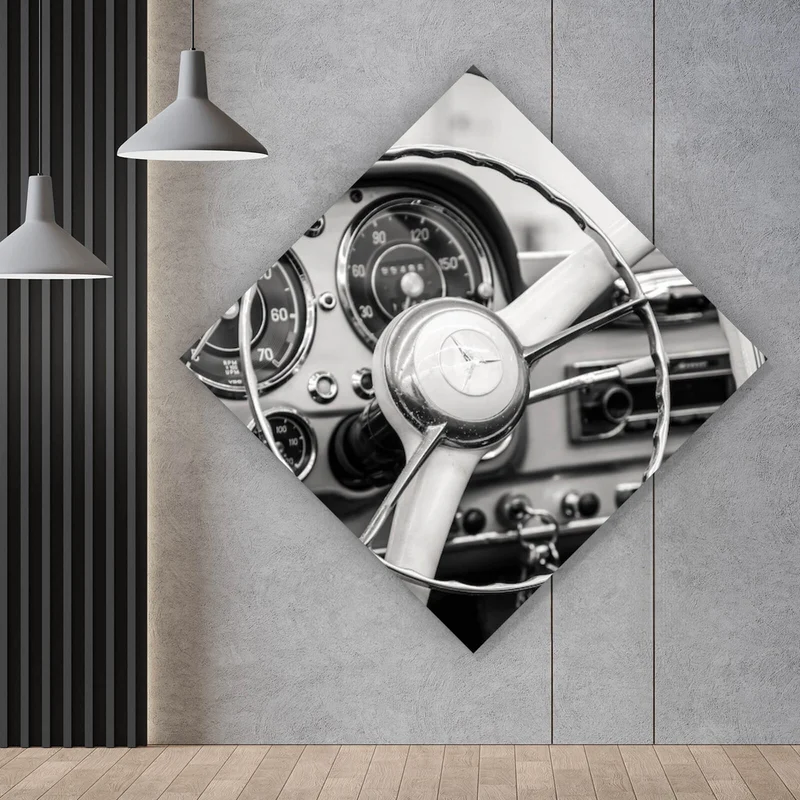 Aluminiumbild Klassisches Lenkrad und Armaturenbrett eines Oldtimers Raute