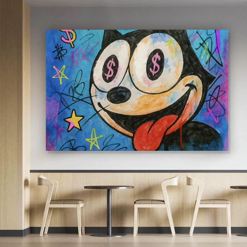 Acrylglasbild Cartoon Katze mit Dollarzeichen und buntem Hintergrund Querformat