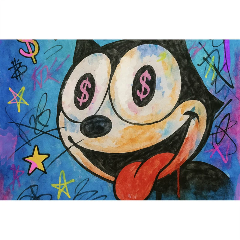 Aluminiumbild gebürstet Cartoon Katze mit Dollarzeichen und buntem Hintergrund Querformat