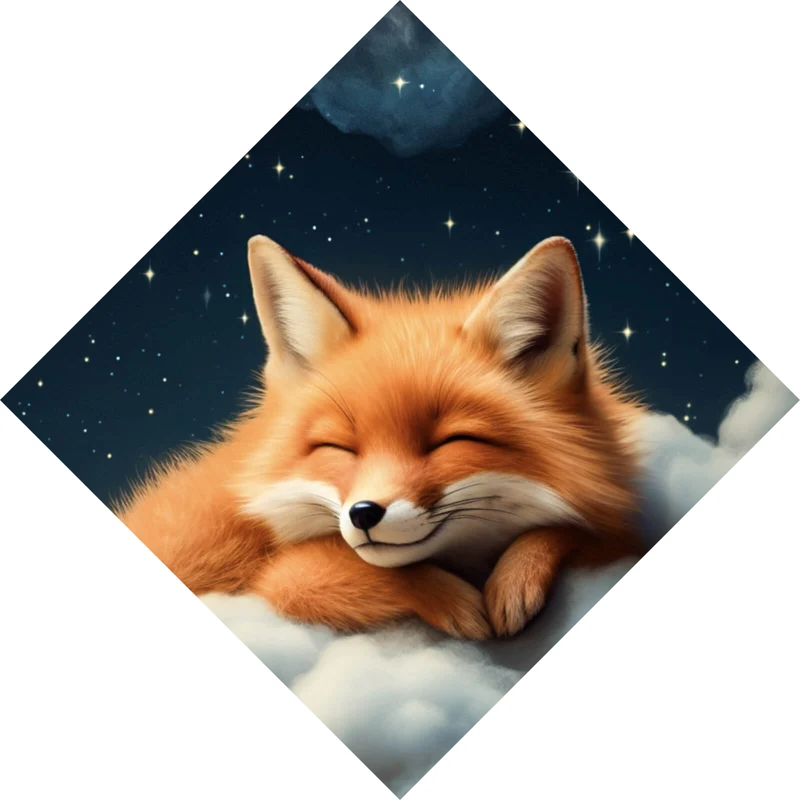 Acrylglasbild Schlafender Fuchs auf Wolken unter funkelndem Sternenhimmel Raute