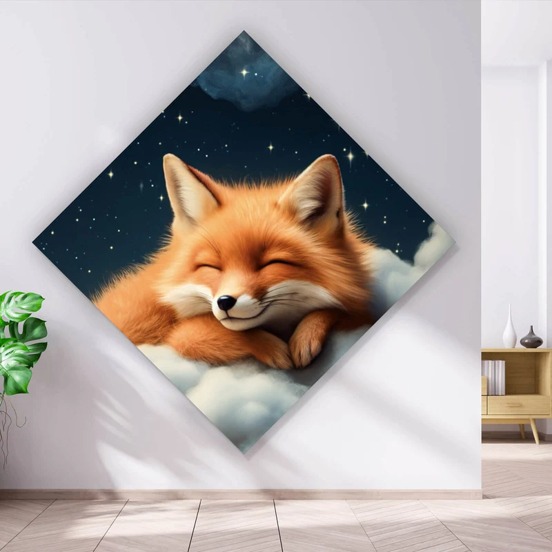 Aluminiumbild gebürstet Schlafender Fuchs auf Wolken unter funkelndem Sternenhimmel Raute