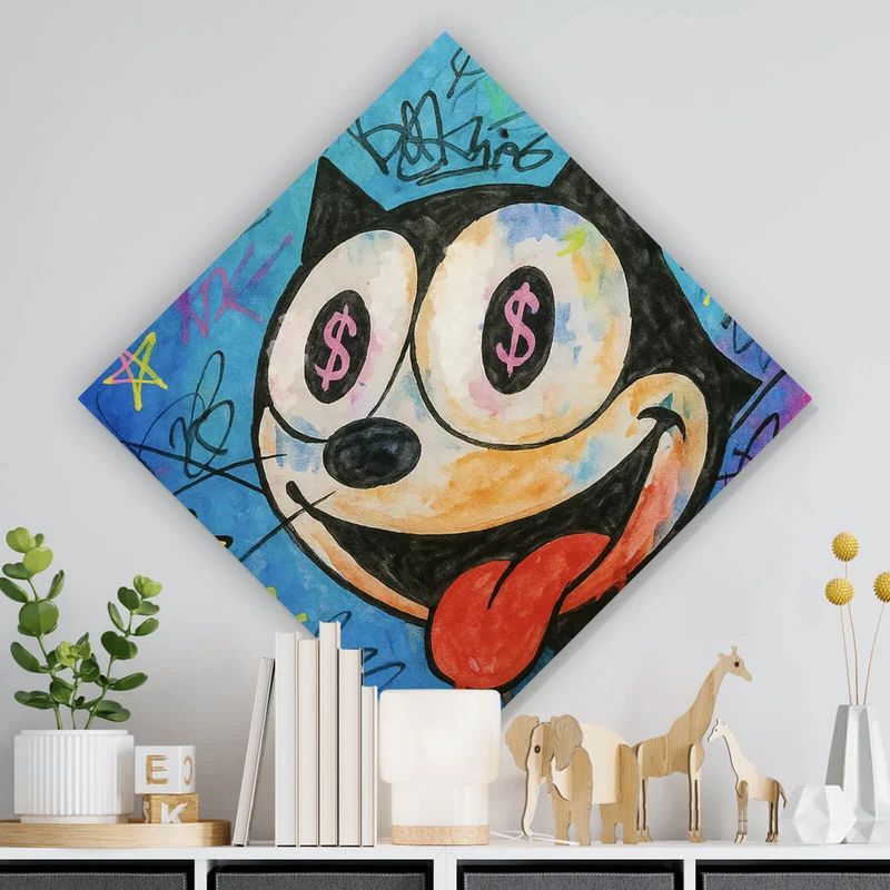 Acrylglasbild Cartoon Katze mit Dollarzeichen und buntem Hintergrund Raute