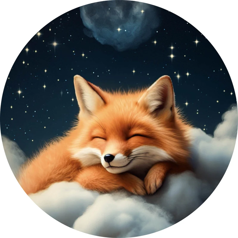 Aluminiumbild Schlafender Fuchs auf Wolken unter funkelndem Sternenhimmel Kreis