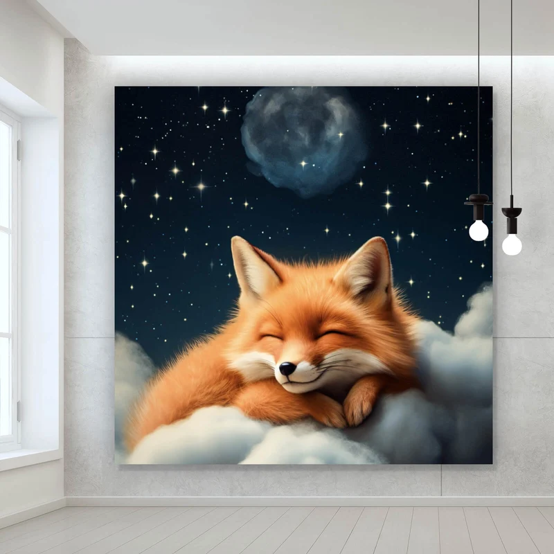 Aluminiumbild Schlafender Fuchs auf Wolken unter funkelndem Sternenhimmel Quadrat