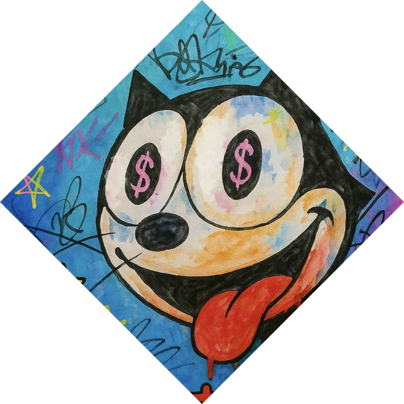Poster Cartoon Katze mit Dollarzeichen und buntem Hintergrund Raute
