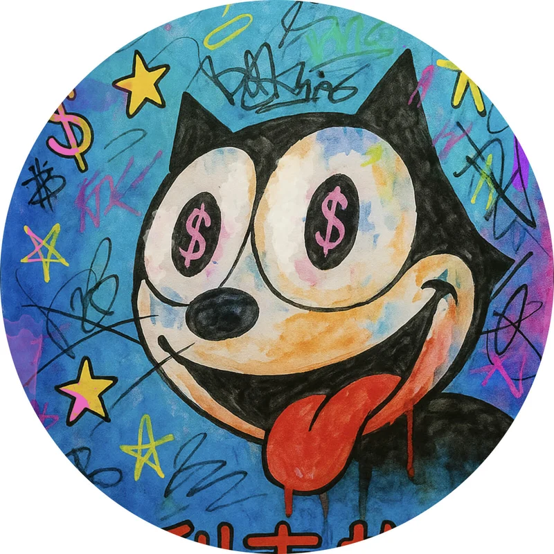 Aluminiumbild gebürstet Cartoon Katze mit Dollarzeichen und buntem Hintergrund Kreis