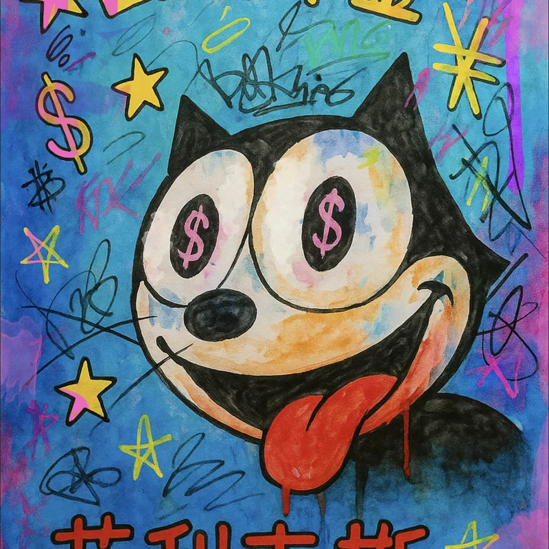 Aluminiumbild gebürstet Cartoon Katze mit Dollarzeichen und buntem Hintergrund Quadrat