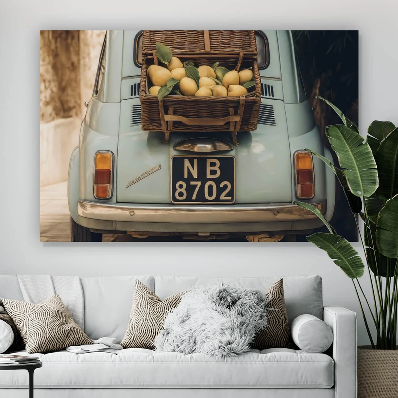 Leinwandbild Vintage Auto in malerischer Gasse Querformat