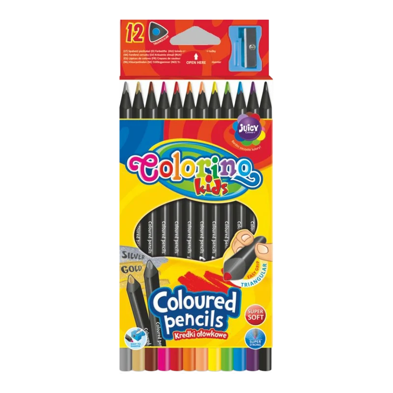 Colorino Dreikant-Buntstifte aus schwarzem Holz mit Anspitzer – 12 Farben