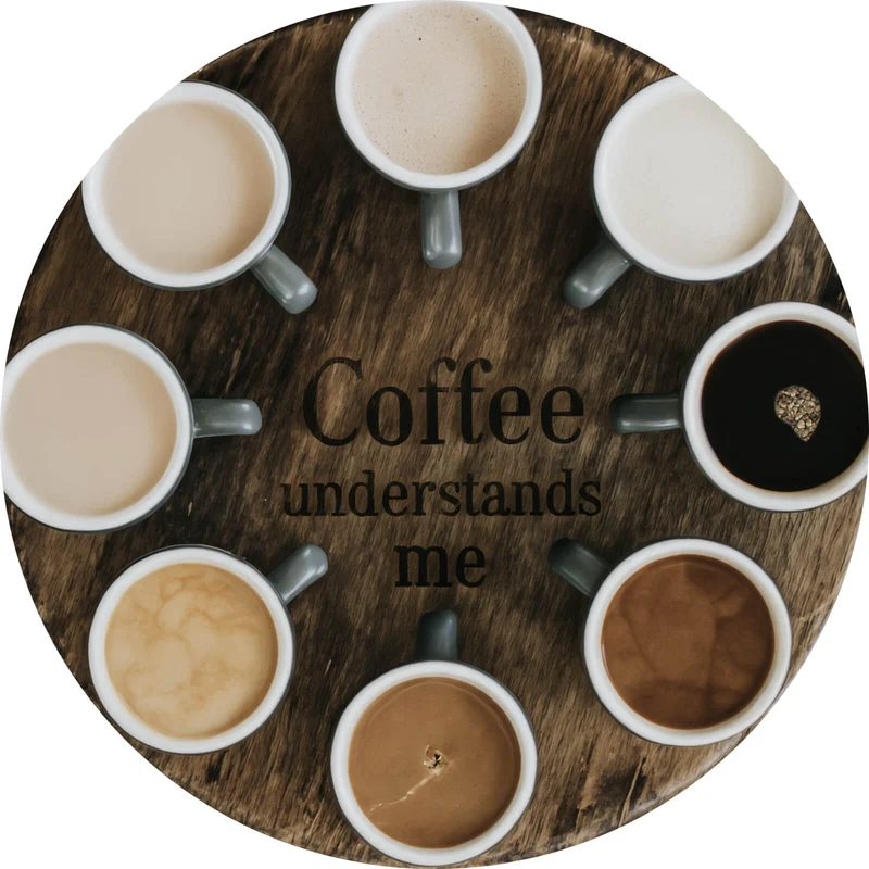 Aluminiumbild gebürstet Verschiedene Kaffeesorten auf einem Tablett serviert Kreis