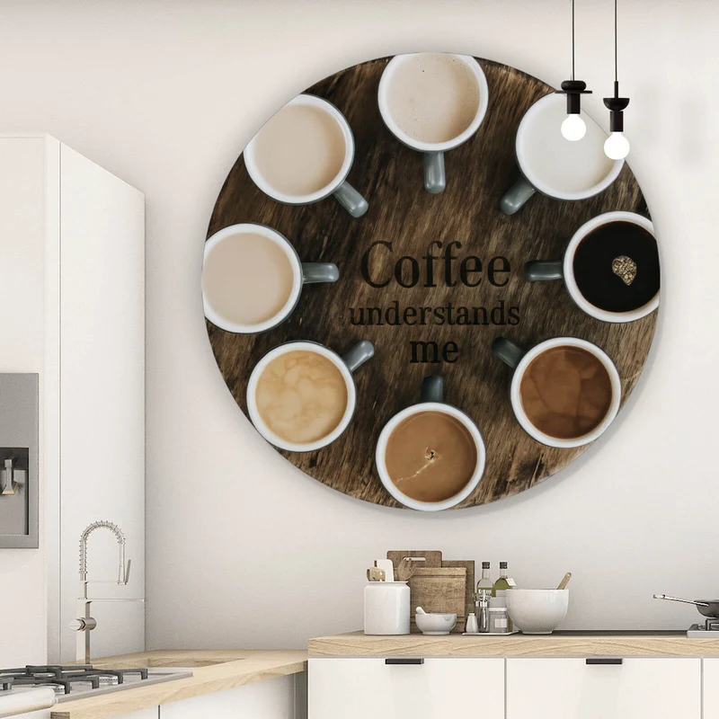 Aluminiumbild Verschiedene Kaffeesorten auf einem Tablett serviert Kreis