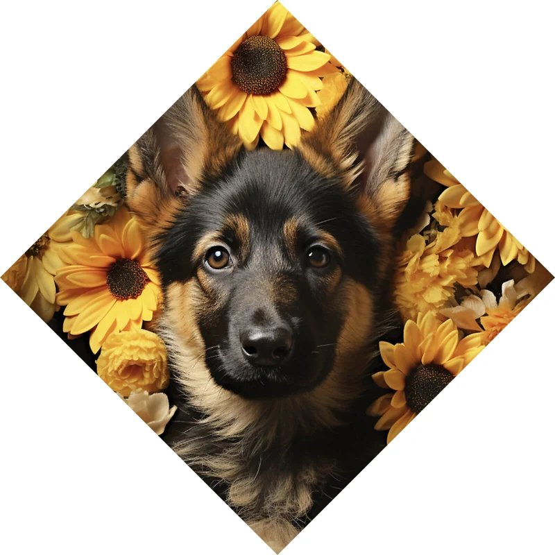Spannrahmenbild Niedlicher Schäferhund umgeben von gelben Blumen Raute
