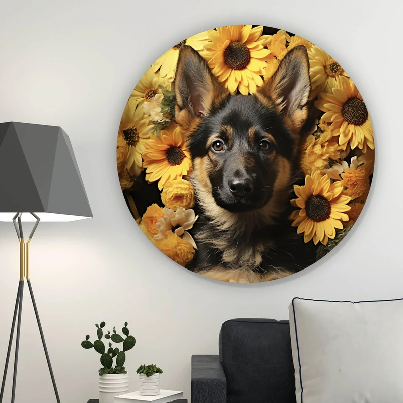 Aluminiumbild gebürstet Niedlicher Schäferhund umgeben von gelben Blumen Kreis