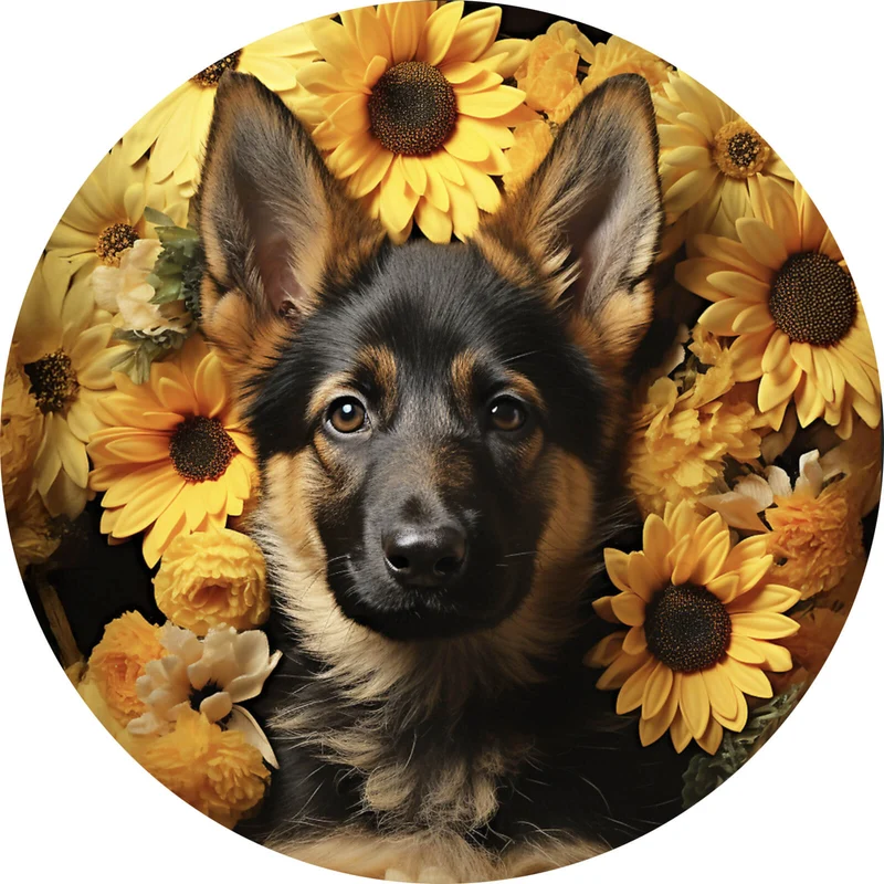 Aluminiumbild gebürstet Niedlicher Schäferhund umgeben von gelben Blumen Kreis