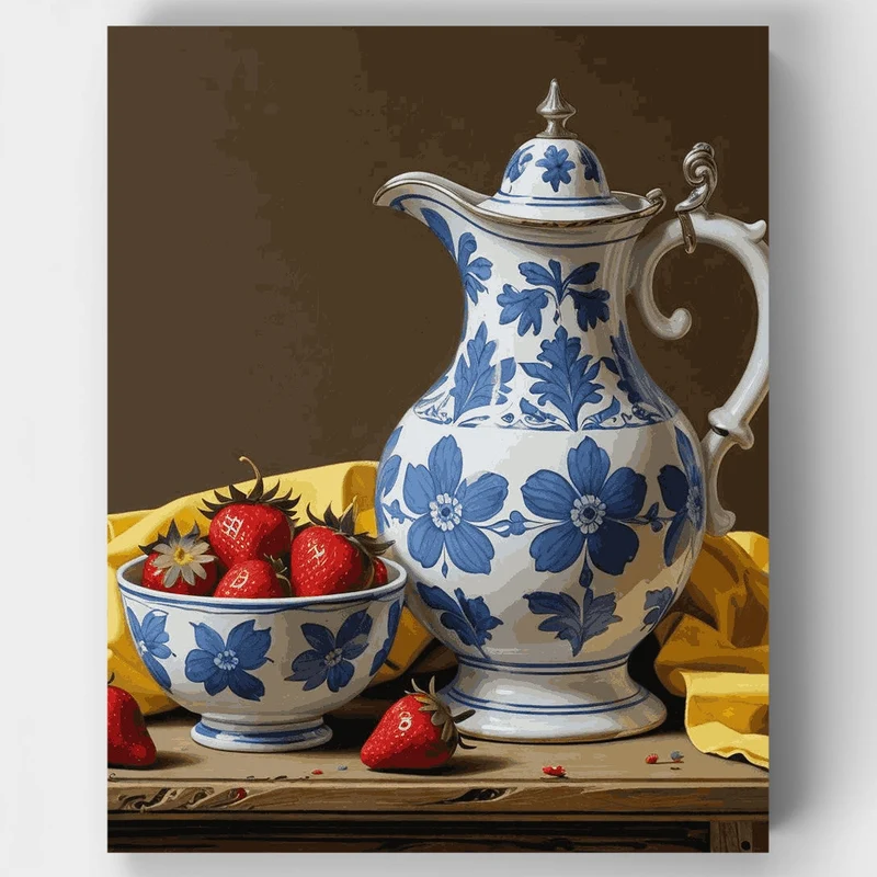 Blue and White Porcelain with Strawberries - Paint by Numbers Kit