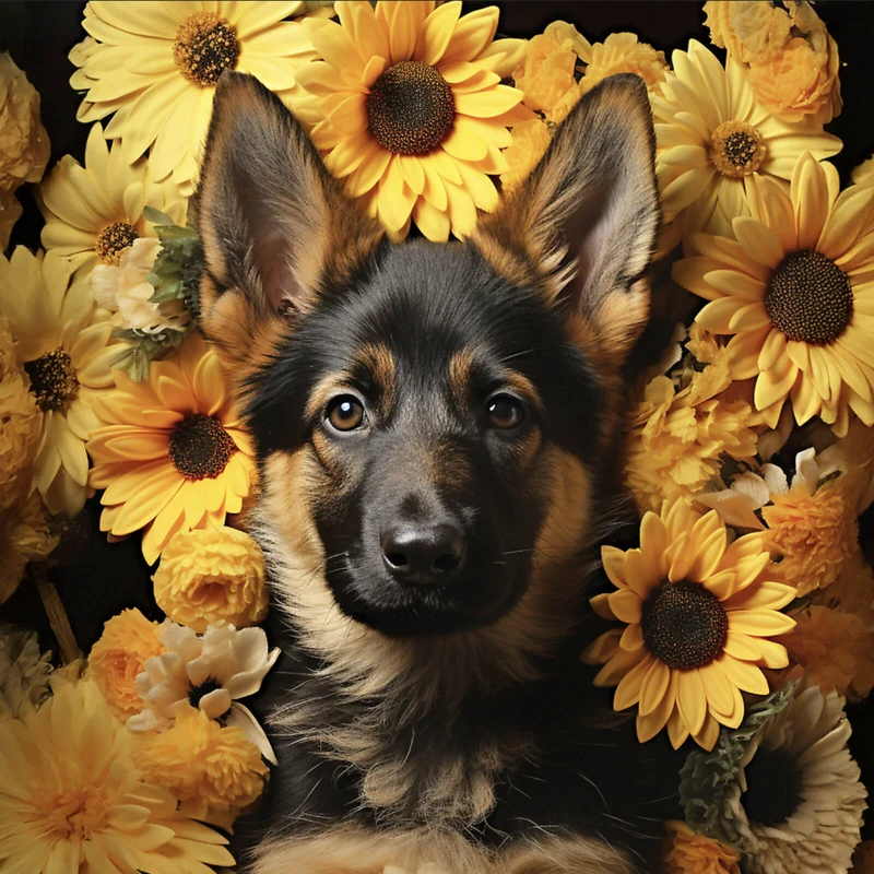 Aluminiumbild gebürstet Niedlicher Schäferhund umgeben von gelben Blumen Quadrat