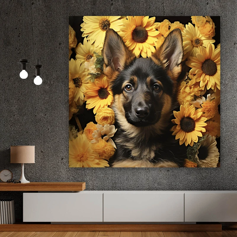 Leinwandbild Niedlicher Schäferhund umgeben von gelben Blumen Quadrat